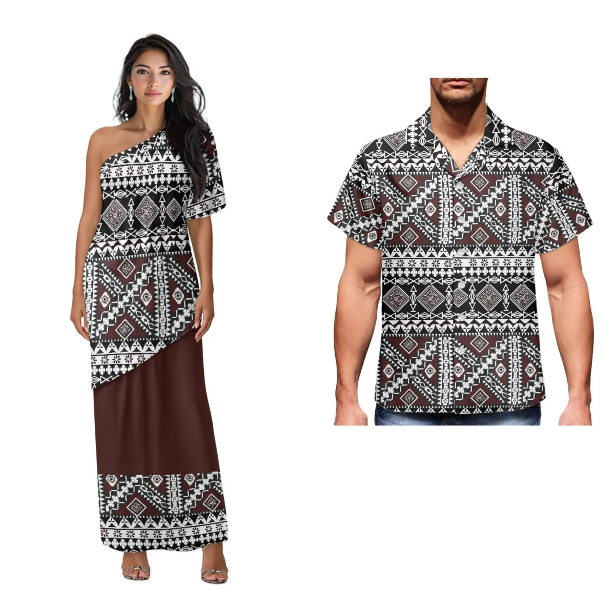 Printed Polynesian Tribal Print One shoulder Samoan Puletasi Custom Top And Skirts Womens Two Piece Outfits Set Dress