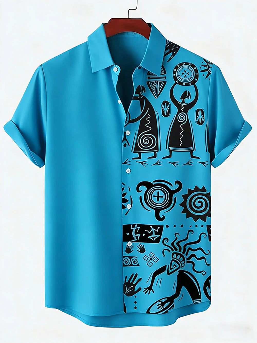 Men's New Ethnic Style Tribal Pattern 3D Printed Shirt Hawaiian Tropical Short-sleeved Linen Breathable Outdoor Clothes for Men
