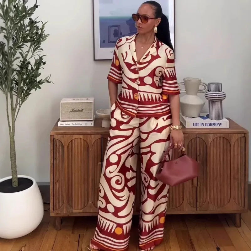 Women's African Print 2 Piece Set Tribal Pattern Short Sleeve Button Shirt + High Waist Wide Leg Pants Elegant Summer Outfits
