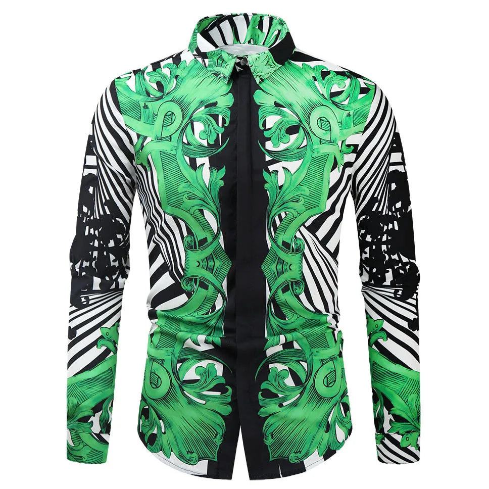 2025 men's fashionable tribal totem print pattern casual high-quality men's long sleeved shirt luxurious high-quality shirt