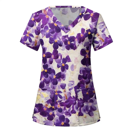 Hawaiian Leaves Nurse Scrub Top | V-Neck with Pockets