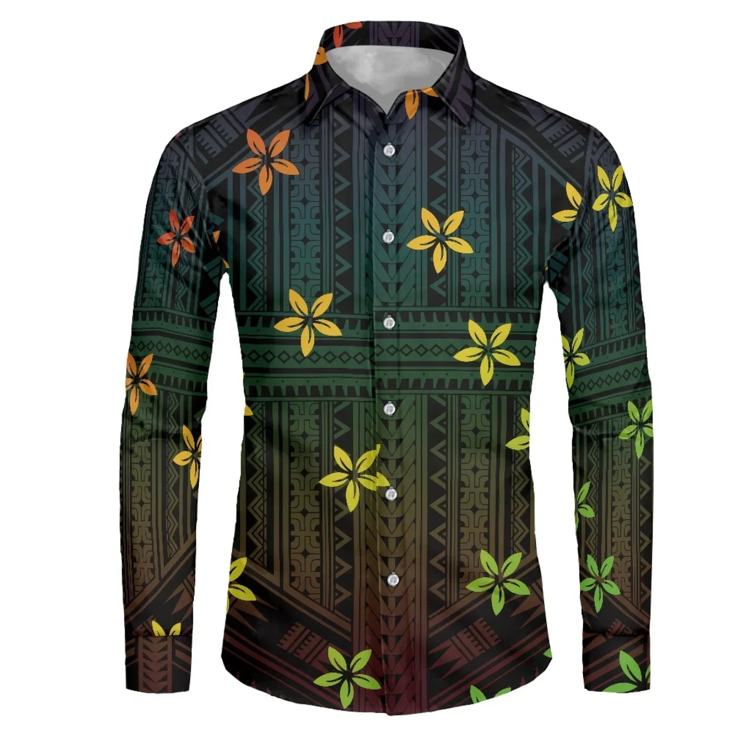 Polynesian Tribal Fijian Totem Tattoo Fiji Prints Men Party Shirt Long-Sleeved Button (USA SIZE XS S M L XL 2XL 3XL 4XL 5XL 6XL)