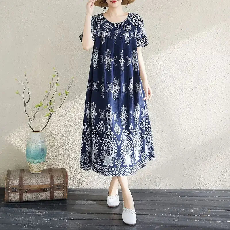 Women's Ethnic Print Cotton Dress Short Sleeve Loose Plus Size Summer Maxi Dress