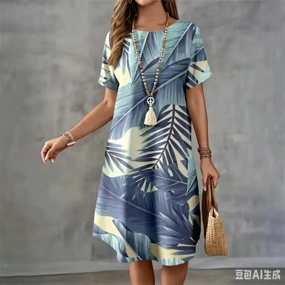 Summer Holiday Hawaiian Dress For Women New Ladies O-Neck Short Sleeve Loose Dress Casual Coconut Tree 3D Print Beach Dresses