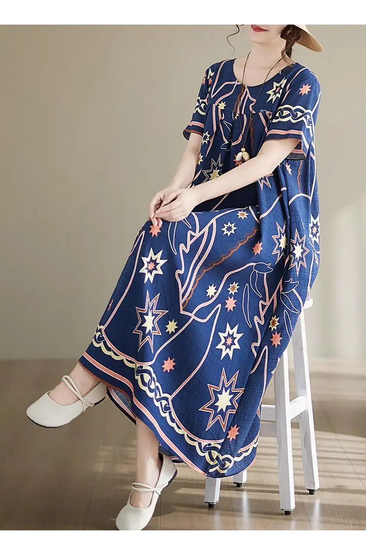 Women's Ethnic Print Cotton Dress Short Sleeve Loose Plus Size Summer Maxi Dress