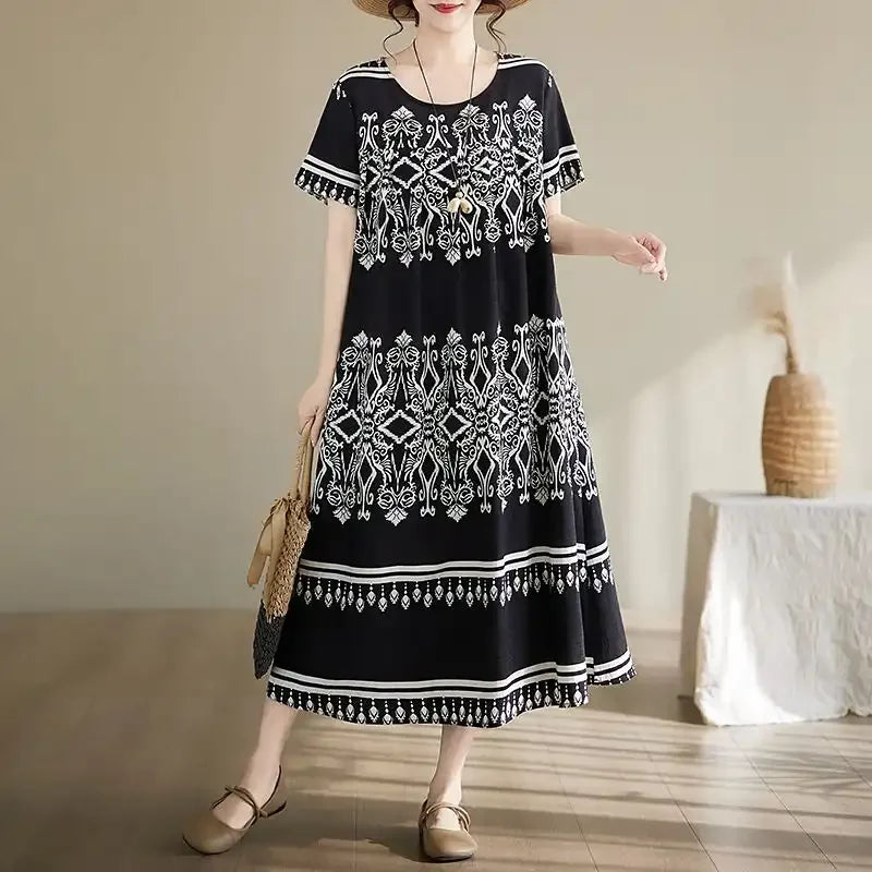 Women's Ethnic Print Cotton Dress Short Sleeve Loose Plus Size Summer Maxi Dress
