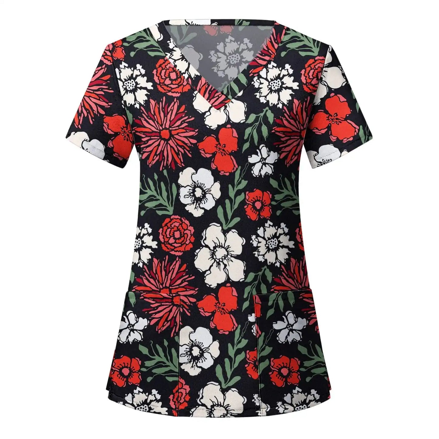 Women's Hawaiian Leaves All Over Print V Neck Nurse Surgical Gown Top with Pockets Comfortable Polyester Short Sleeve Coverall
