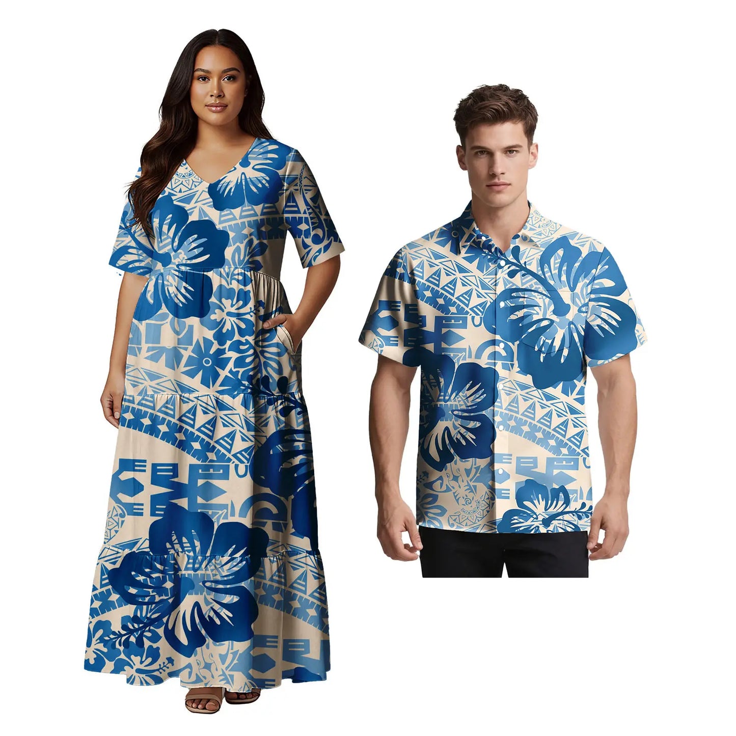 Samoan Ethnic Style Custom Clothes Polynesian Short Sleeve Women Dress Man Aloha T-Shirt Hawaiian Tribal Design Couple 2pc Set