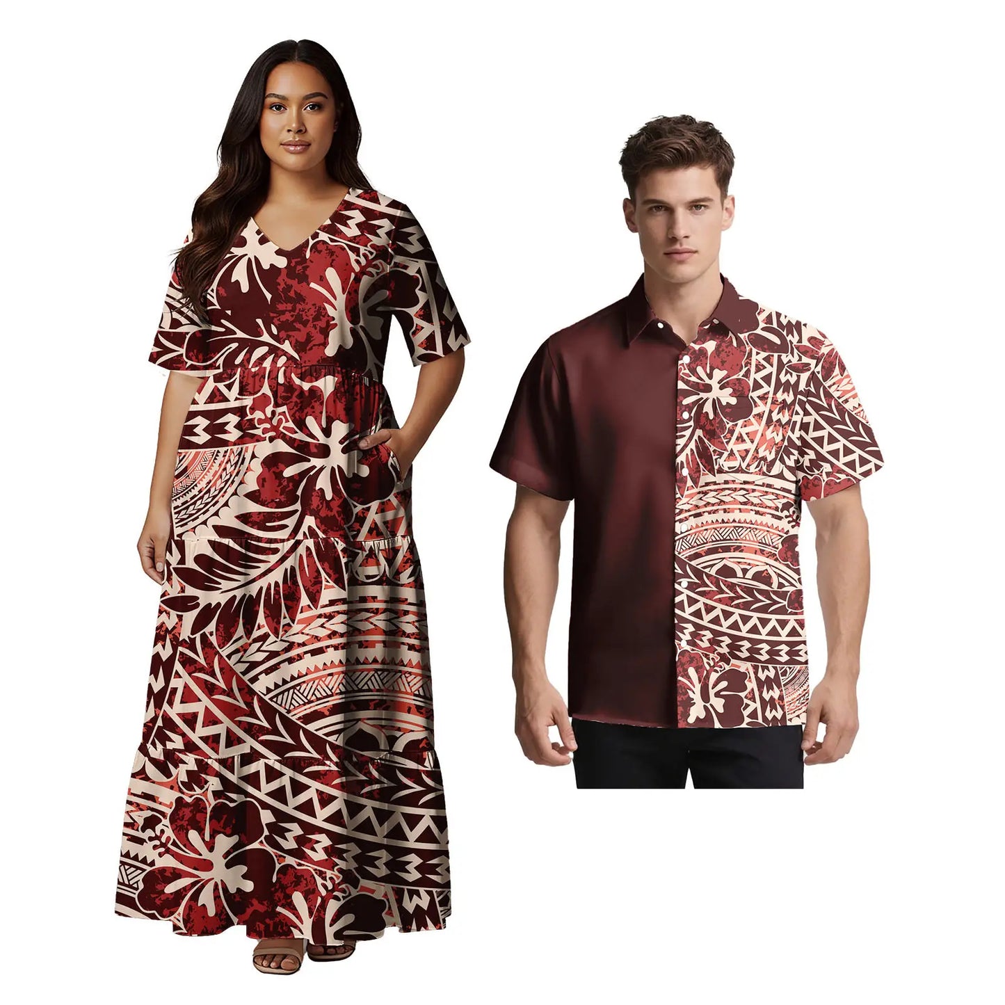 Samoan Ethnic Style Custom Clothes Polynesian Short Sleeve Women Dress Man Aloha T-Shirt Hawaiian Tribal Design Couple 2pc Set
