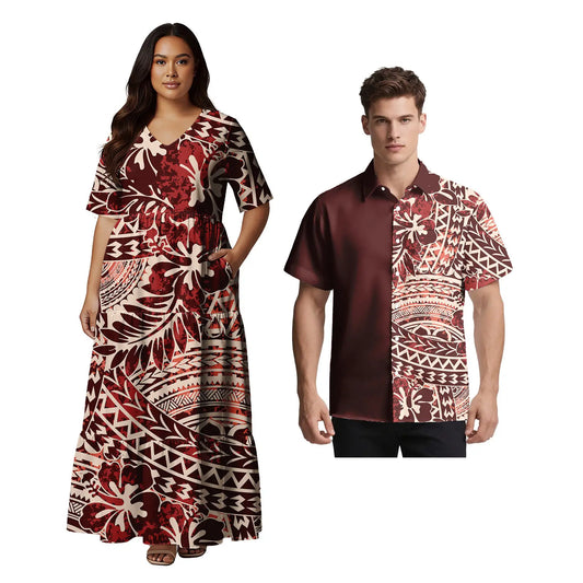 Samoan Ethnic Style Custom Clothes Polynesian Short Sleeve Women Dress Man Aloha T-Shirt Hawaiian Tribal Design Couple 2pc Set