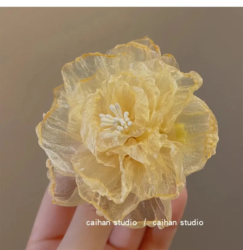 Hawaiian Beach Vacation 3D Sheer Organza Flower Hair Clip Non-slip Hair Accessories for Women Girl Travel Photography Daily Wear