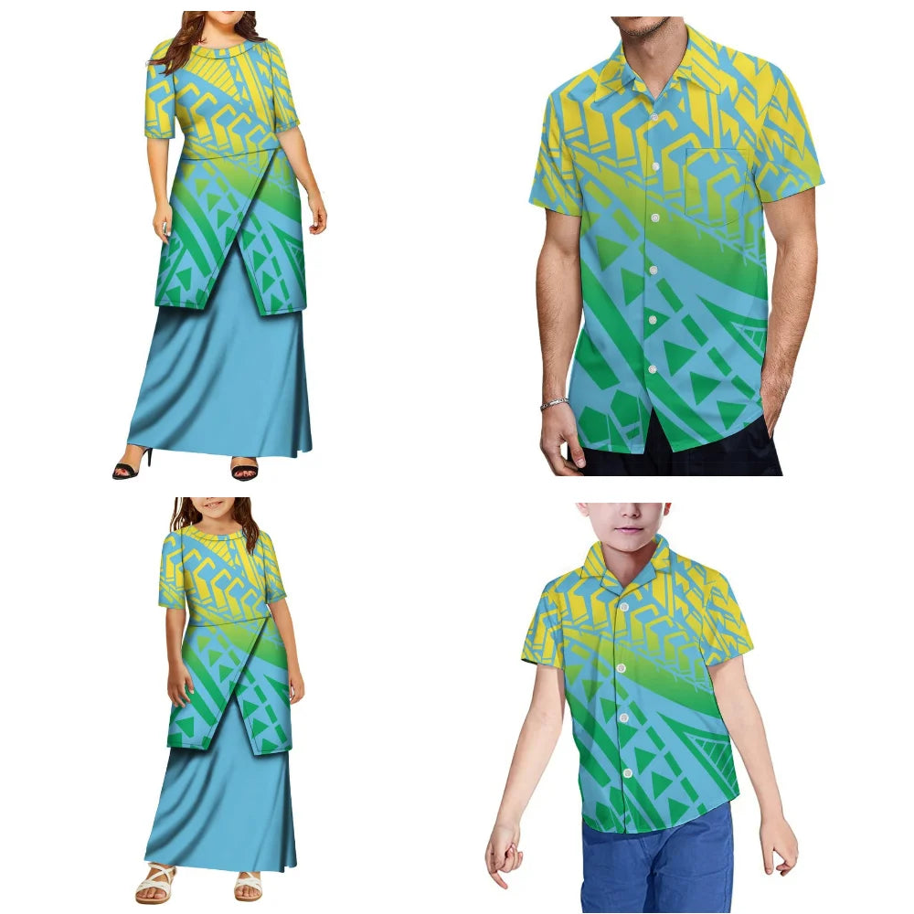 Polynesian Family Set Customization Women And Girls Puletasi Men And Boys Shirts Samoan Tribal Pattern Design Dresses