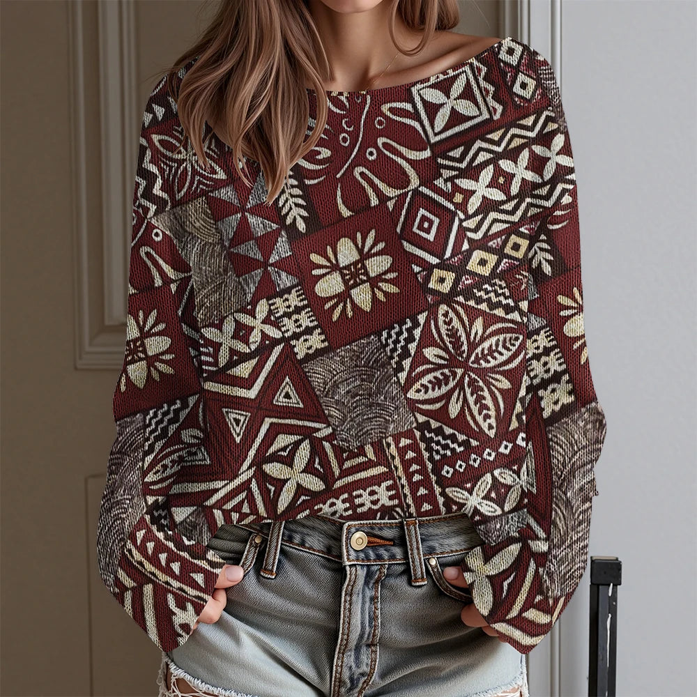 Vintage Tribal Totem Print Off-Shoulder Top Women Long Sleeve T-Shirt Boho Chic Blouse Western Cowboy Style Daily Wear Plus Size