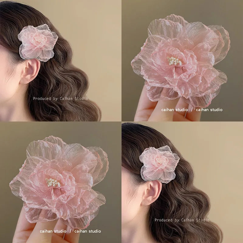 Hawaiian Beach Vacation 3D Sheer Organza Flower Hair Clip Non-slip Hair Accessories for Women Girl Travel Photography Daily Wear
