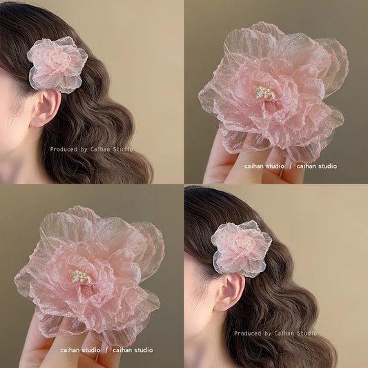 Hawaiian Beach Vacation 3D Sheer Organza Flower Hair Clip Non-slip Hair Accessories for Women Girl Travel Photography Daily Wear