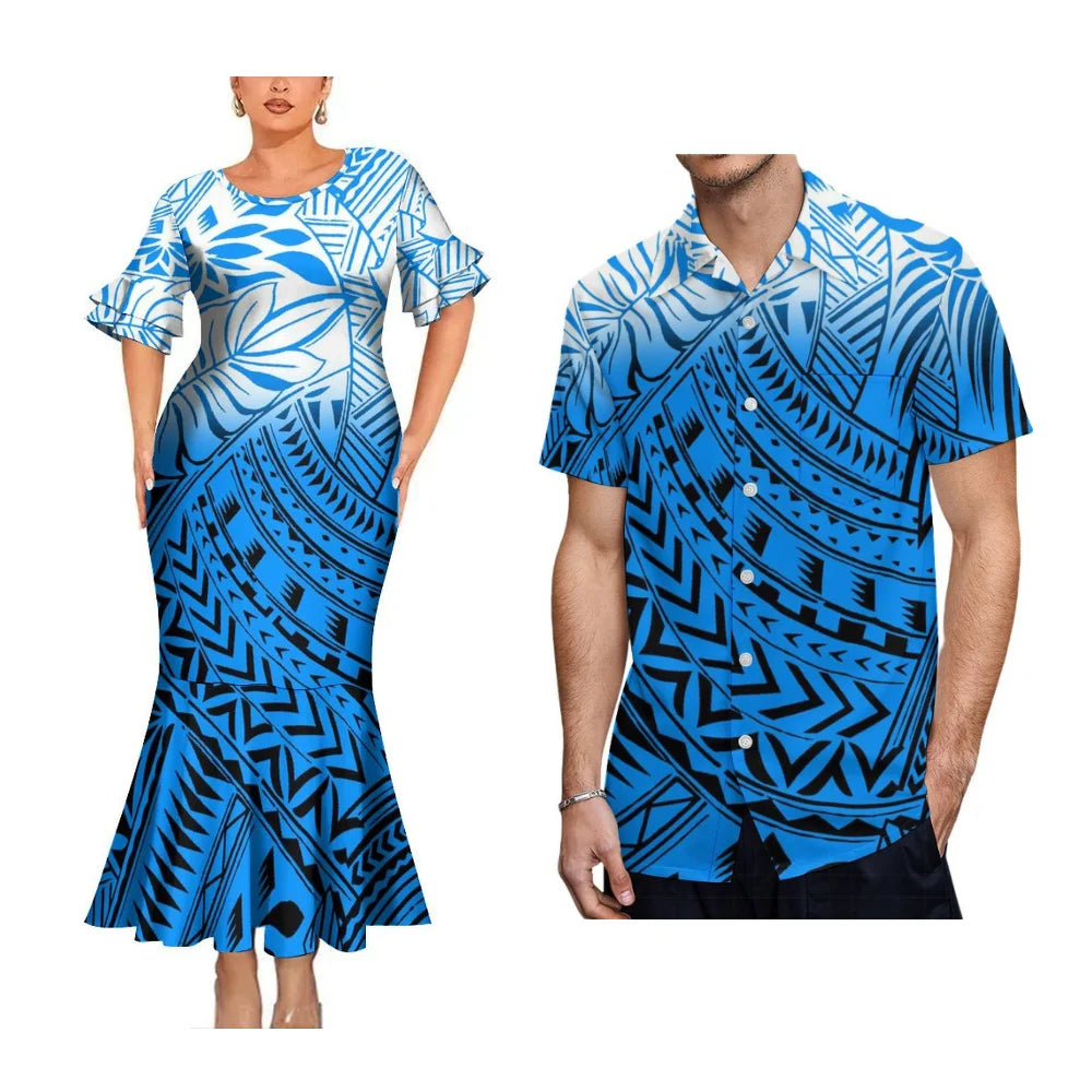 2025 High Quality Hawaiian Women'S Petal-Sleeve Dress Samoan Ethnic Evening Dress Polynesian Island Men'S Aloha Shirt
