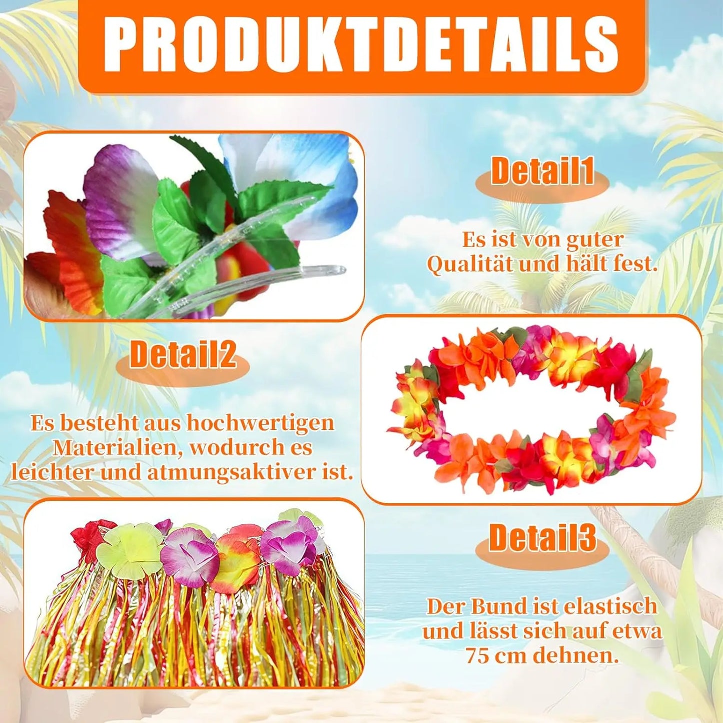 7pcs Women's Hawaiian Costume Full Outfit with Grass Skirt Flower Hawaiian Dance Dress Flower Necklace Bracelet Grass Skirt