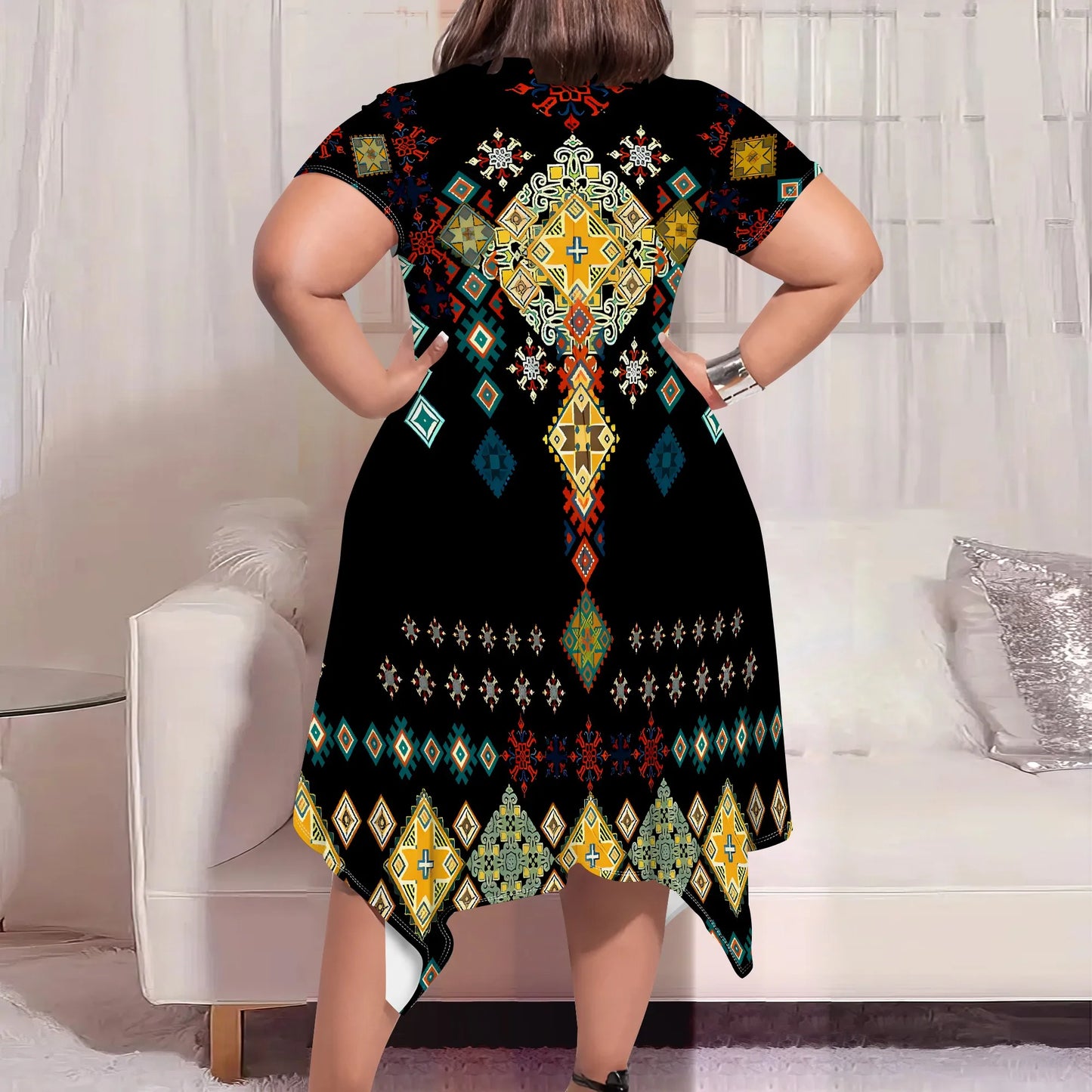 Tribal Pattern T-Shirt Dress - Round Neck Short Sleeve Knee-Length Hippie Chic
