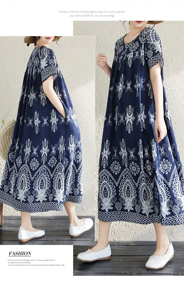 Women's Ethnic Print Cotton Dress Short Sleeve Loose Plus Size Summer Maxi Dress
