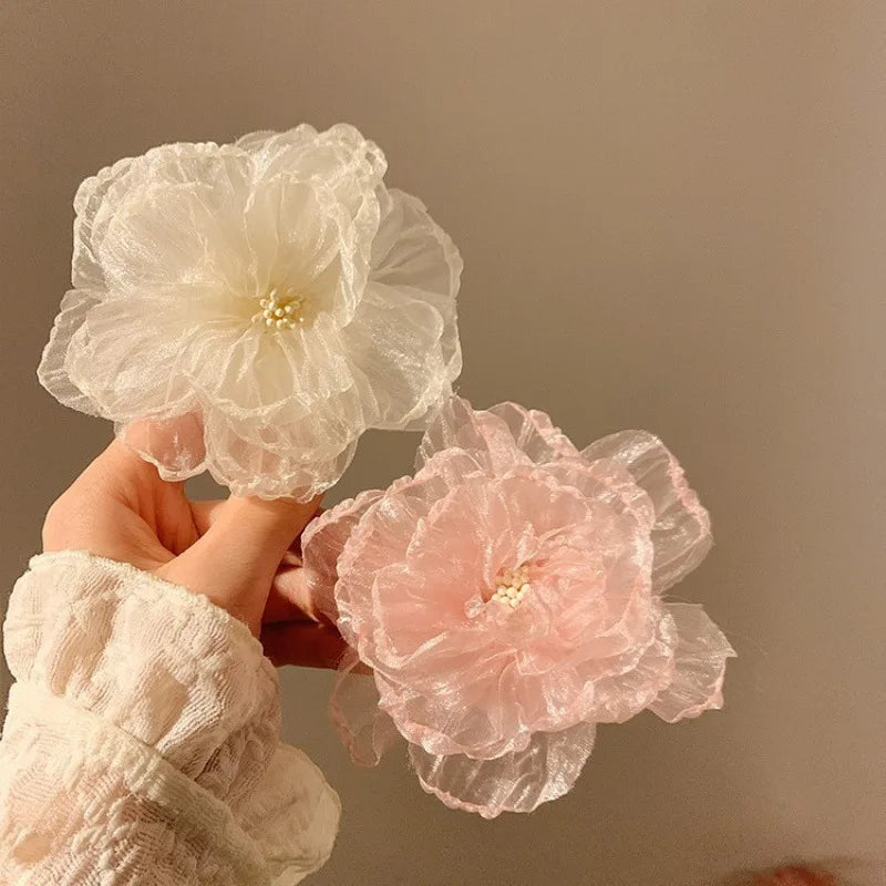 Hawaiian Beach Vacation 3D Sheer Organza Flower Hair Clip Non-slip Hair Accessories for Women Girl Travel Photography Daily Wear