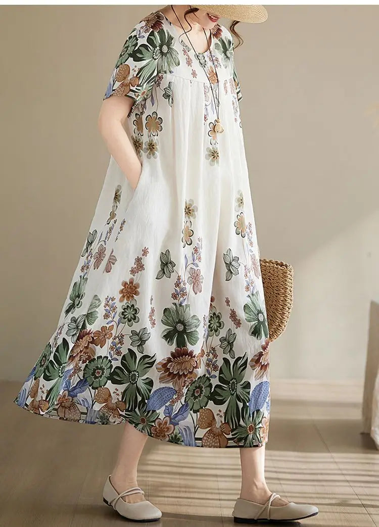 Women's Ethnic Print Cotton Dress Short Sleeve Loose Plus Size Summer Maxi Dress