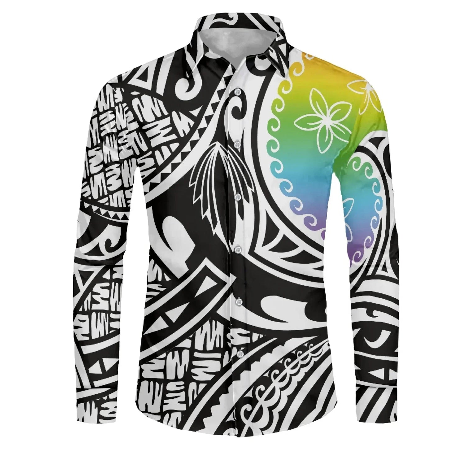 Polynesian Tribal Fijian Totem Tattoo Fiji Prints Men Party Shirt Long-Sleeved Button (USA SIZE XS S M L XL 2XL 3XL 4XL 5XL 6XL)