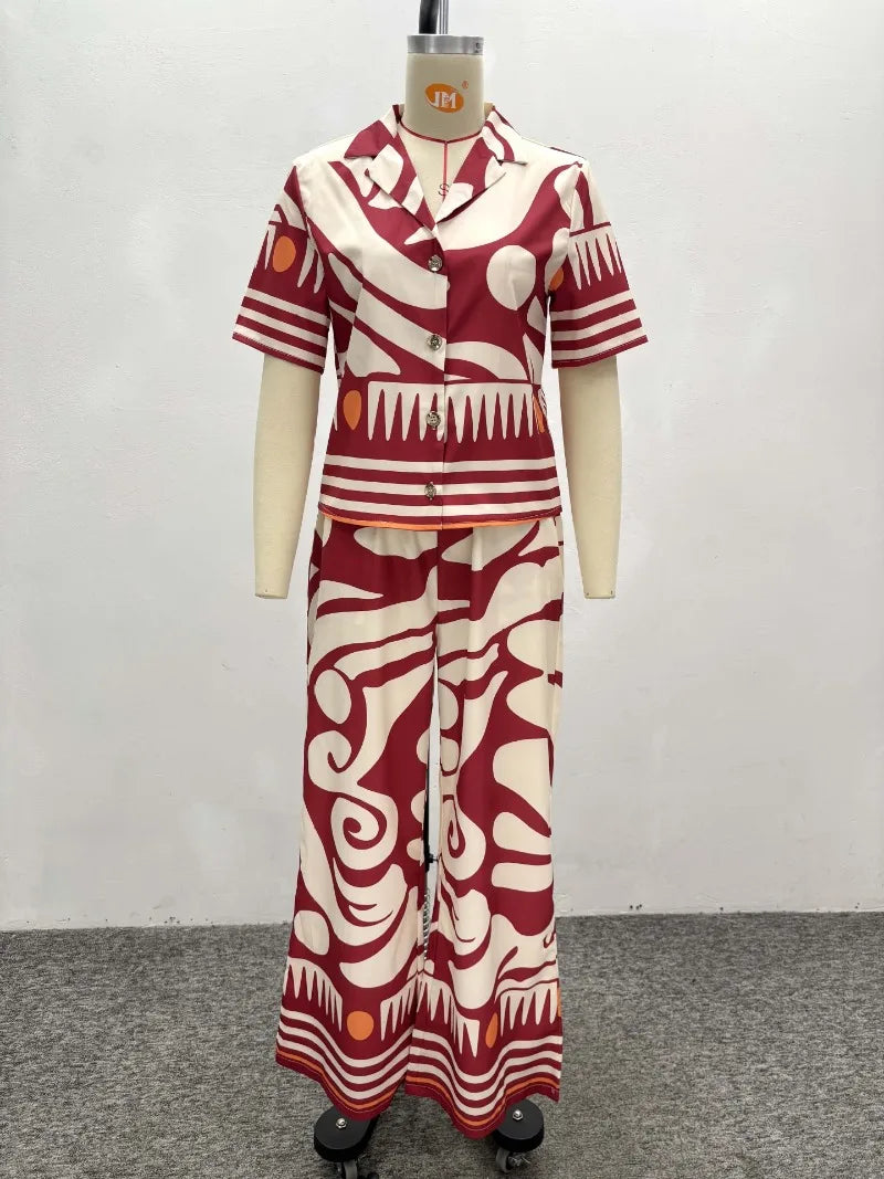 Women's African Print 2 Piece Set Tribal Pattern Short Sleeve Button Shirt + High Waist Wide Leg Pants Elegant Summer Outfits