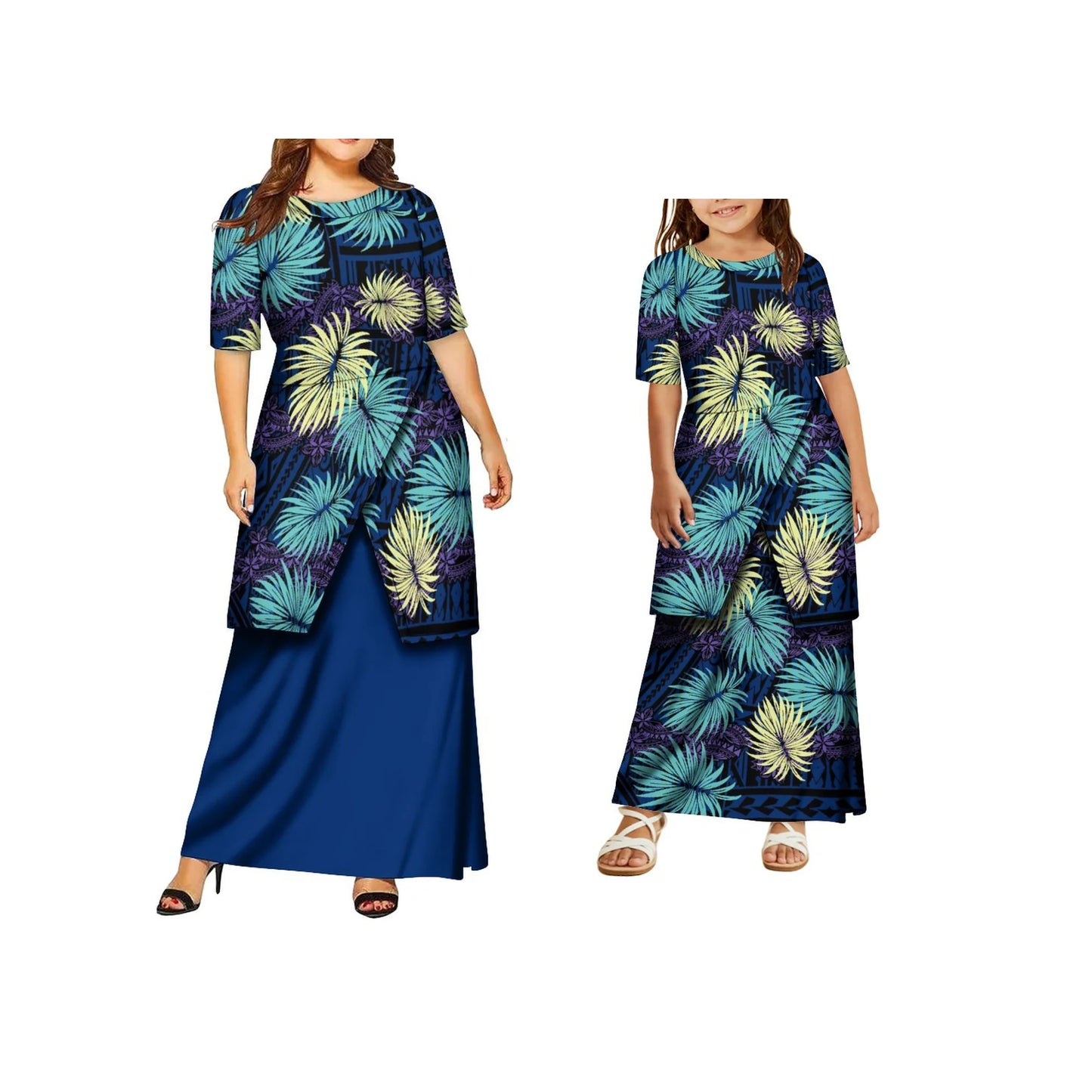 High Quality Customized Polynesian Tribal Print Samoa Puletasi Set Tongan Plus Size Mother and Daughter Dress