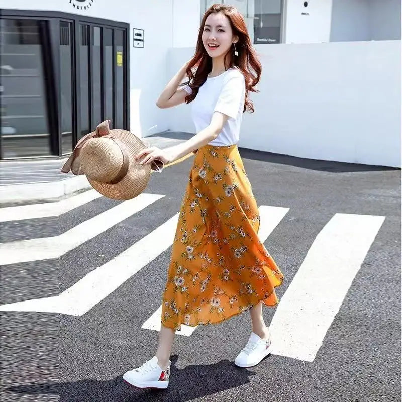 2025 New Women's One-Piece Floral Print Skirt High Waist Wrap Chiffon Beach Dress with Tie Waist Summer Vacation Boho Style