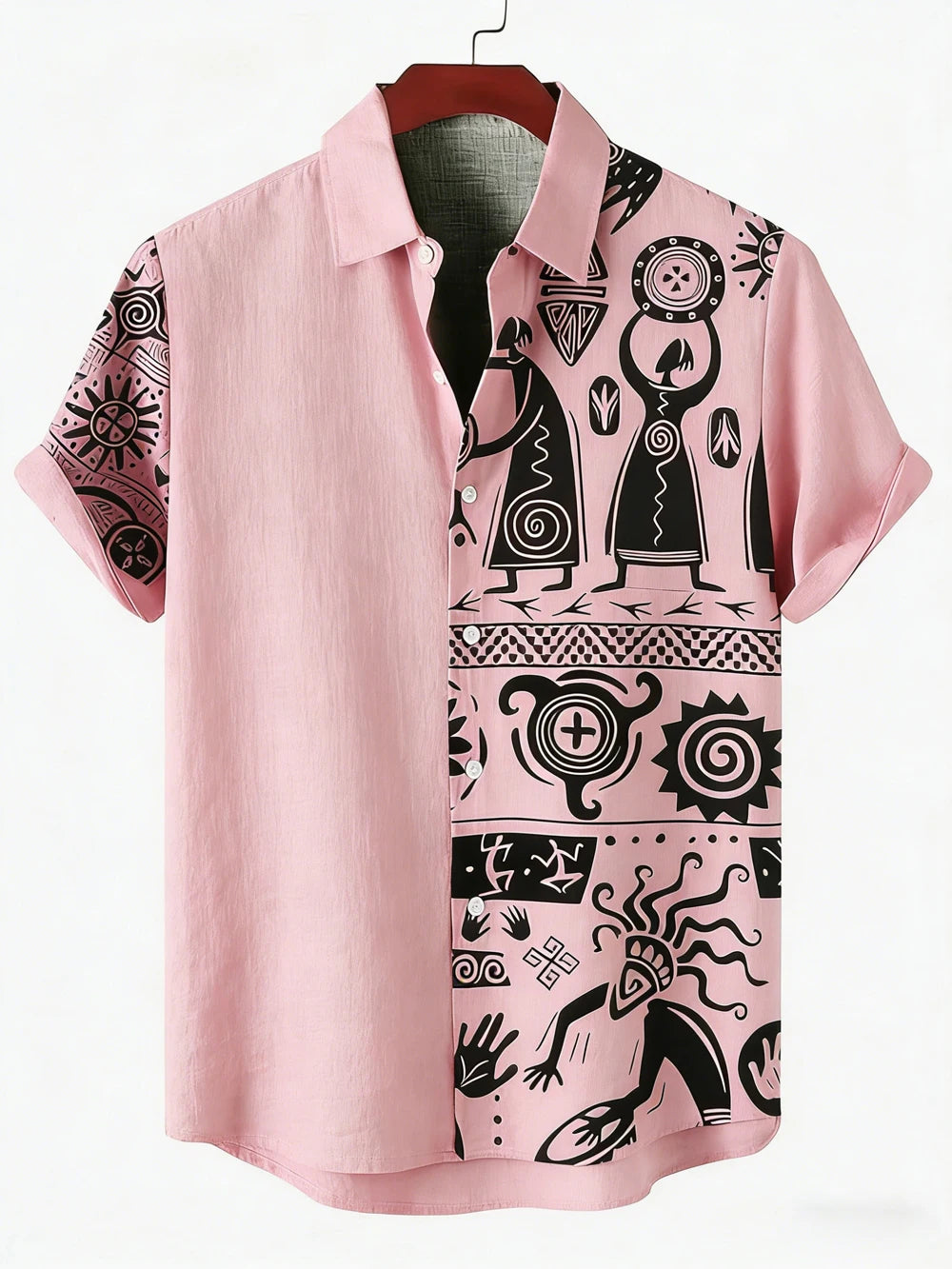 Men's New Ethnic Style Tribal Pattern 3D Printed Shirt Hawaiian Tropical Short-sleeved Linen Breathable Outdoor Clothes for Men