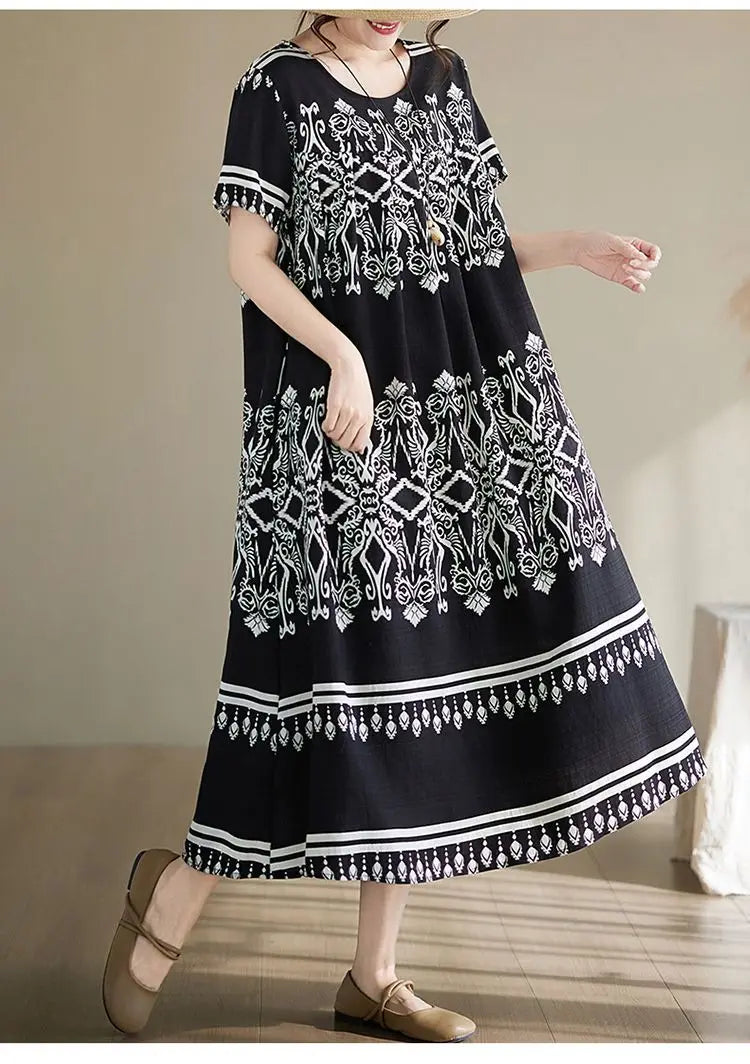 Women's Ethnic Print Cotton Dress Short Sleeve Loose Plus Size Summer Maxi Dress