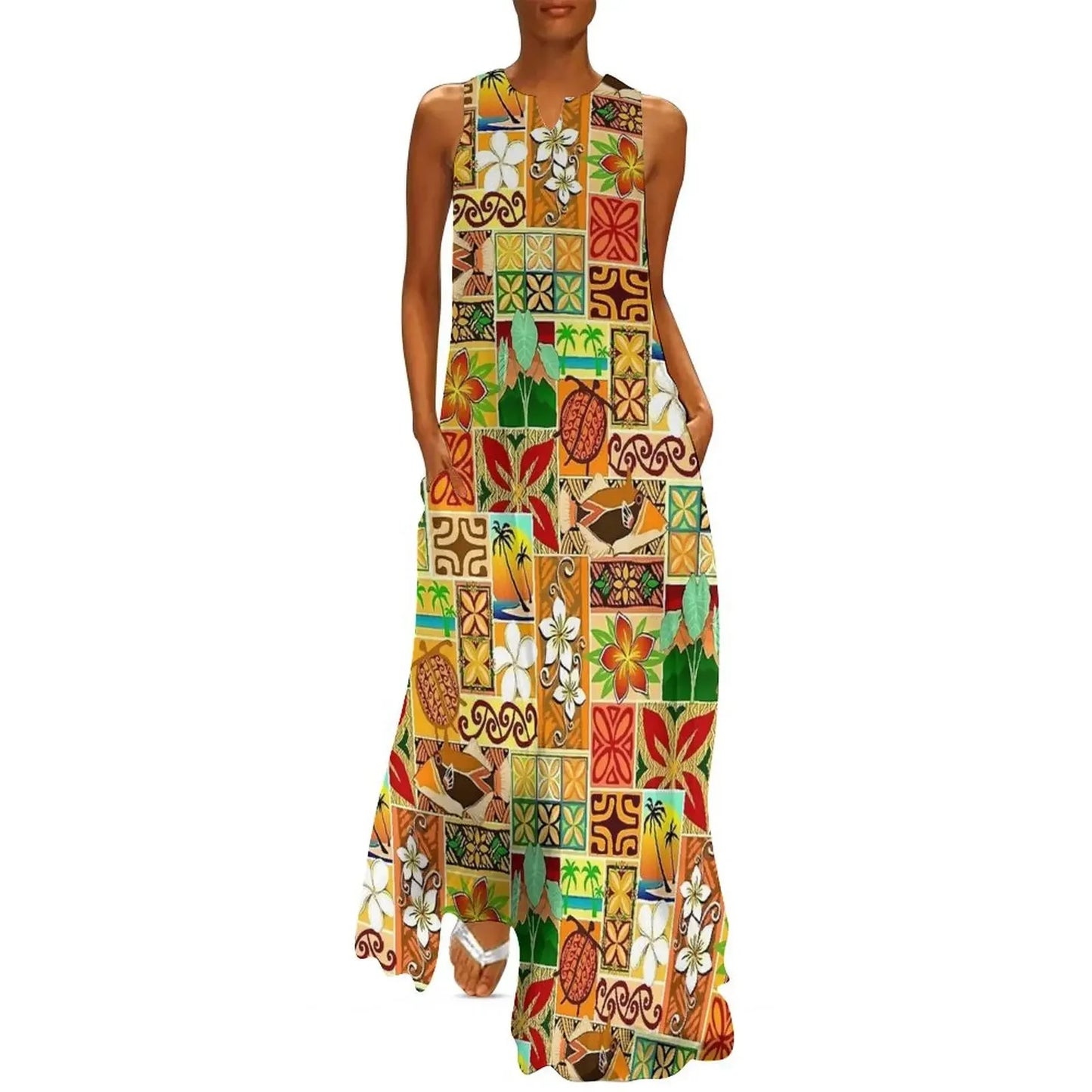 Sleeveless Hawaiian Dress For Women Spring Tropical Tiki Flowers Plants Boho Beach Long Dresses Female Casual Modern Maxi Dress