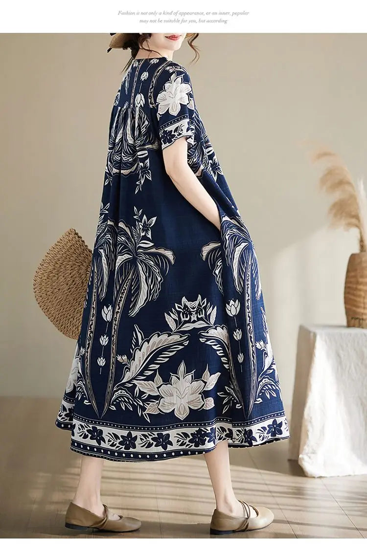 Women's Ethnic Print Cotton Dress Short Sleeve Loose Plus Size Summer Maxi Dress