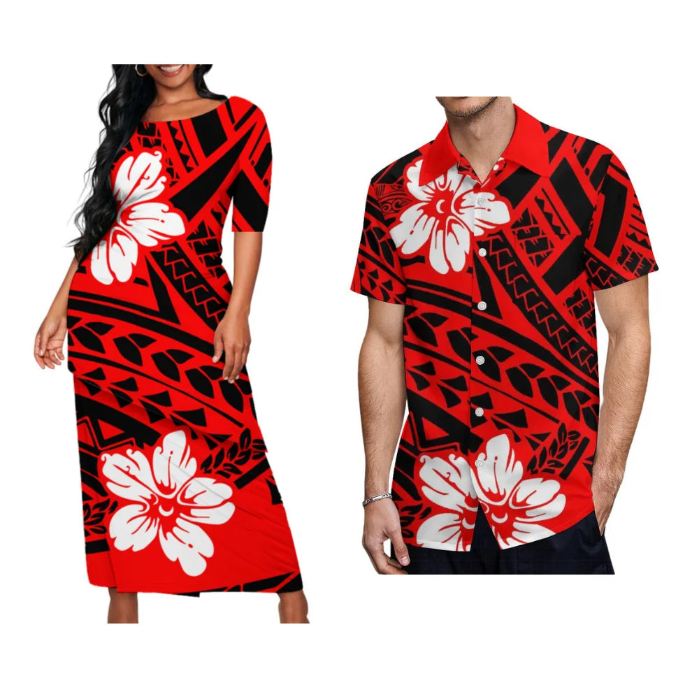 Samoan Tribal Print Summer Women's Double Suit Long Cress Puletasi Men's Hawaiian Shirt Custom Polynesian Couple Dress