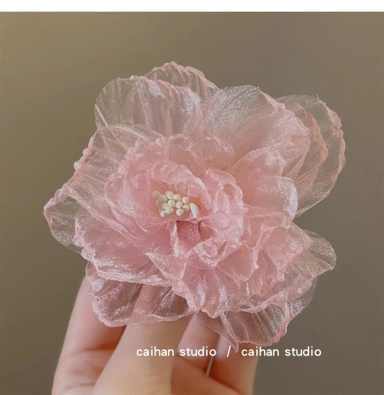 Hawaiian Beach Vacation 3D Sheer Organza Flower Hair Clip Non-slip Hair Accessories for Women Girl Travel Photography Daily Wear
