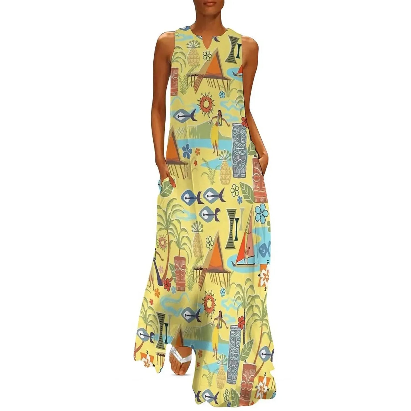 Sleeveless Hawaiian Dress For Women Spring Tropical Tiki Flowers Plants Boho Beach Long Dresses Female Casual Modern Maxi Dress