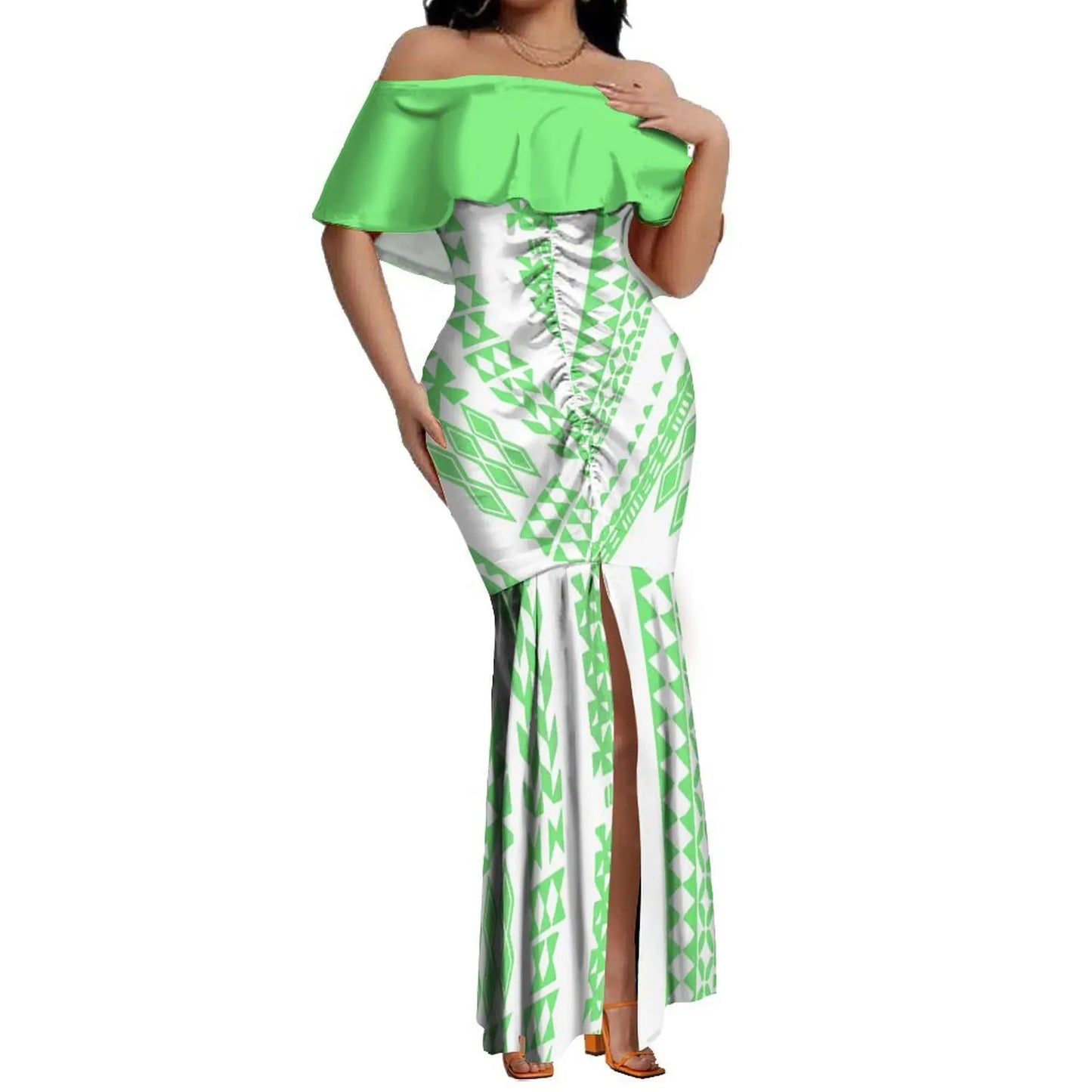 Custom Samoan Dress Women'S Off-The-Shoulder Dress Hawaiian Party Fishtail Skirt And Men'S Shirt Polynesian Couple Suit