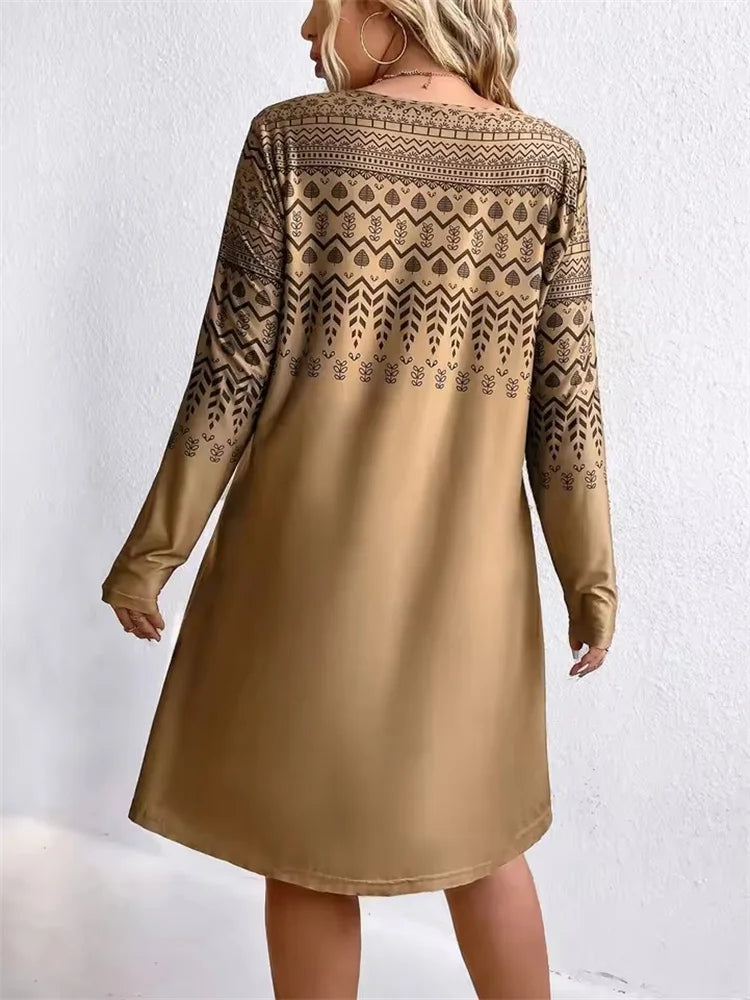 Tribal Ethnic Style Pattern Print Dresses For Women 2025 Autumn Winter Dress Fashion Long Sleeve Loose Dresses Female Clothing