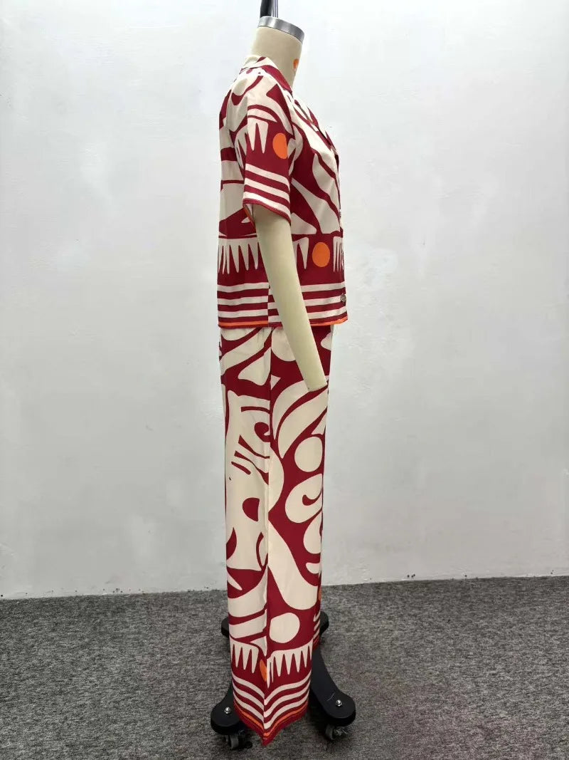 Women's African Print 2 Piece Set Tribal Pattern Short Sleeve Button Shirt + High Waist Wide Leg Pants Elegant Summer Outfits