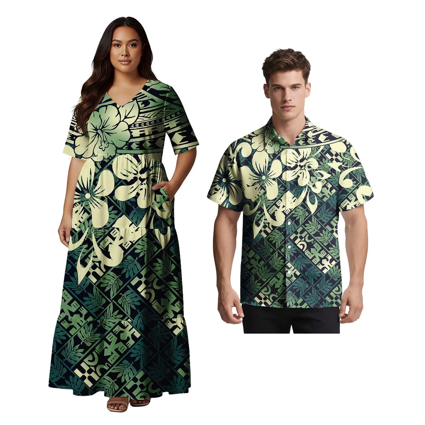 Samoan Ethnic Style Custom Clothes Polynesian Short Sleeve Women Dress Man Aloha T-Shirt Hawaiian Tribal Design Couple 2pc Set