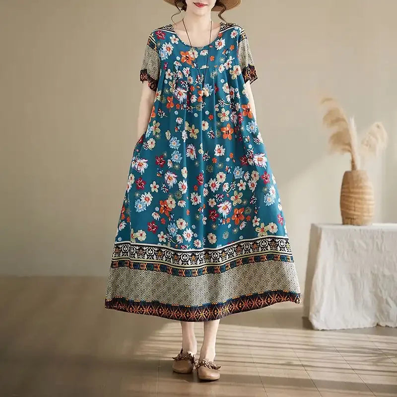 Women's Ethnic Print Cotton Dress Short Sleeve Loose Plus Size Summer Maxi Dress