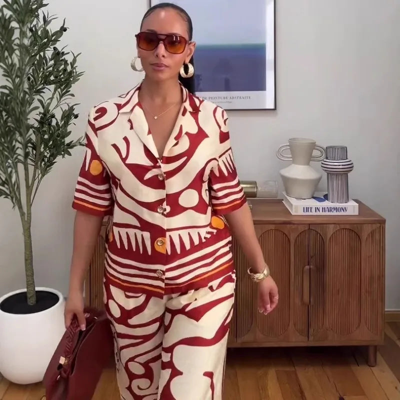 Women's African Print 2 Piece Set Tribal Pattern Short Sleeve Button Shirt + High Waist Wide Leg Pants Elegant Summer Outfits