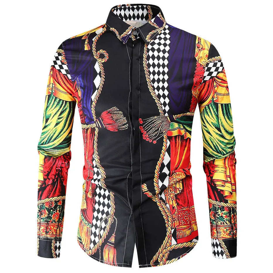2025 men's fashionable tribal totem print pattern casual high-quality men's long sleeved shirt luxurious high-quality shirt