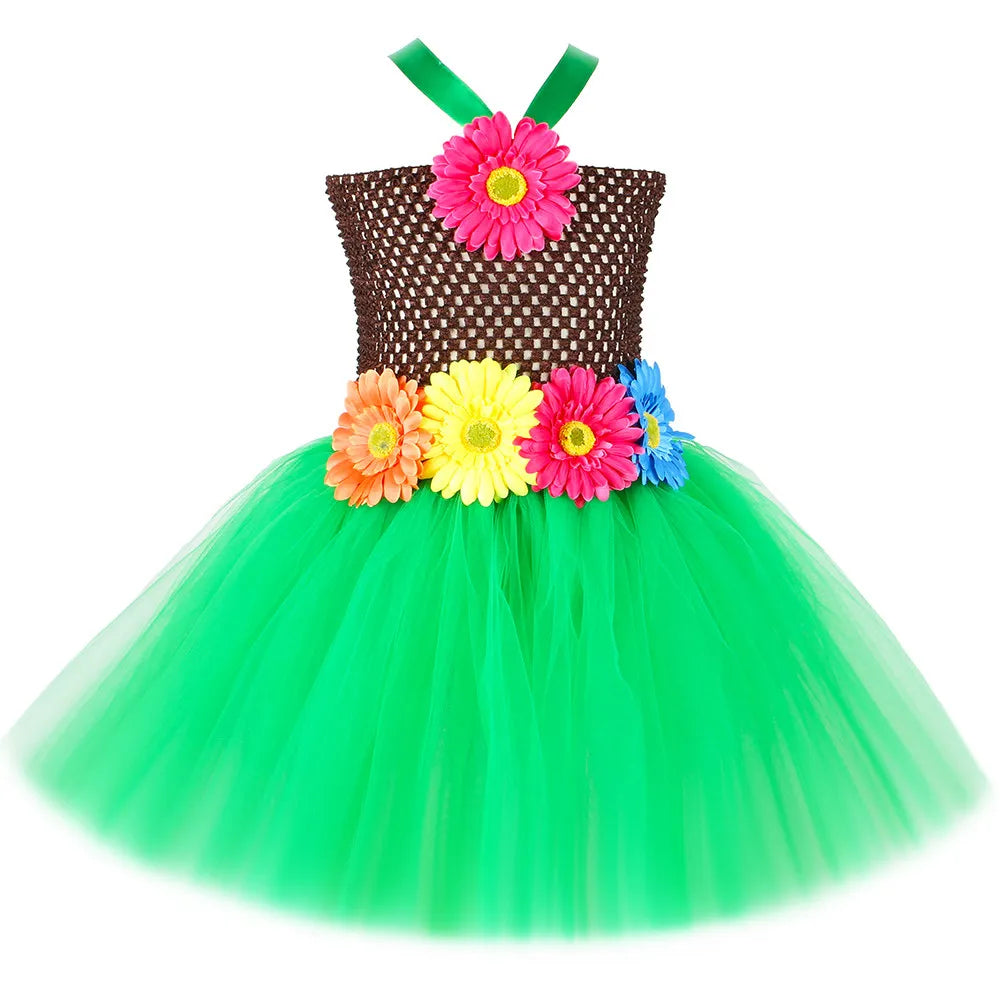 Hawaiian Costume Outfit for Girls Luau Beach Party Flowers Tulle Tutu Dress Kids Halloween Carnival Hawaii Princess Dress Up