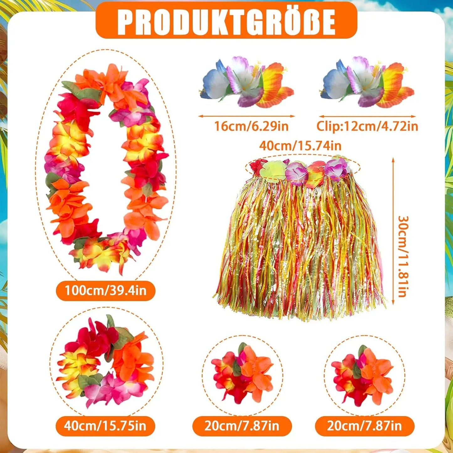 7pcs Women's Hawaiian Costume Full Outfit with Grass Skirt Flower Hawaiian Dance Dress Flower Necklace Bracelet Grass Skirt