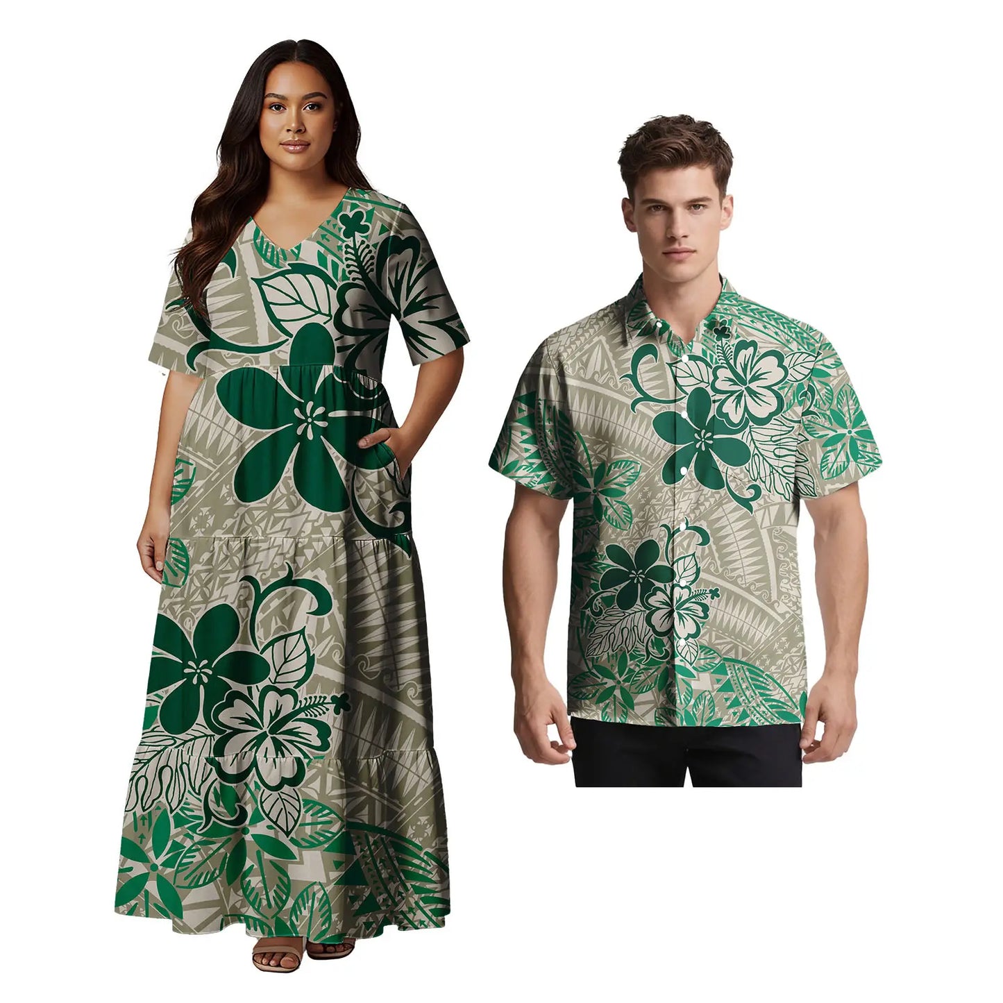 Samoan Ethnic Style Custom Clothes Polynesian Short Sleeve Women Dress Man Aloha T-Shirt Hawaiian Tribal Design Couple 2pc Set