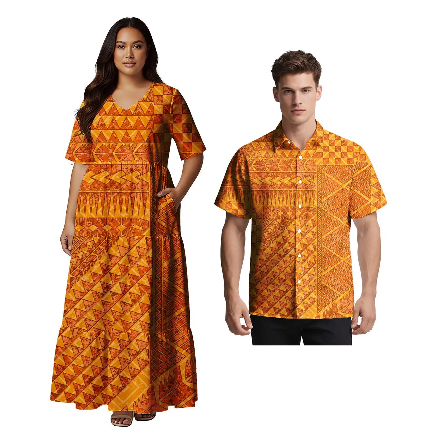 Samoan Ethnic Style Custom Clothes Polynesian Short Sleeve Women Dress Man Aloha T-Shirt Hawaiian Tribal Design Couple 2pc Set