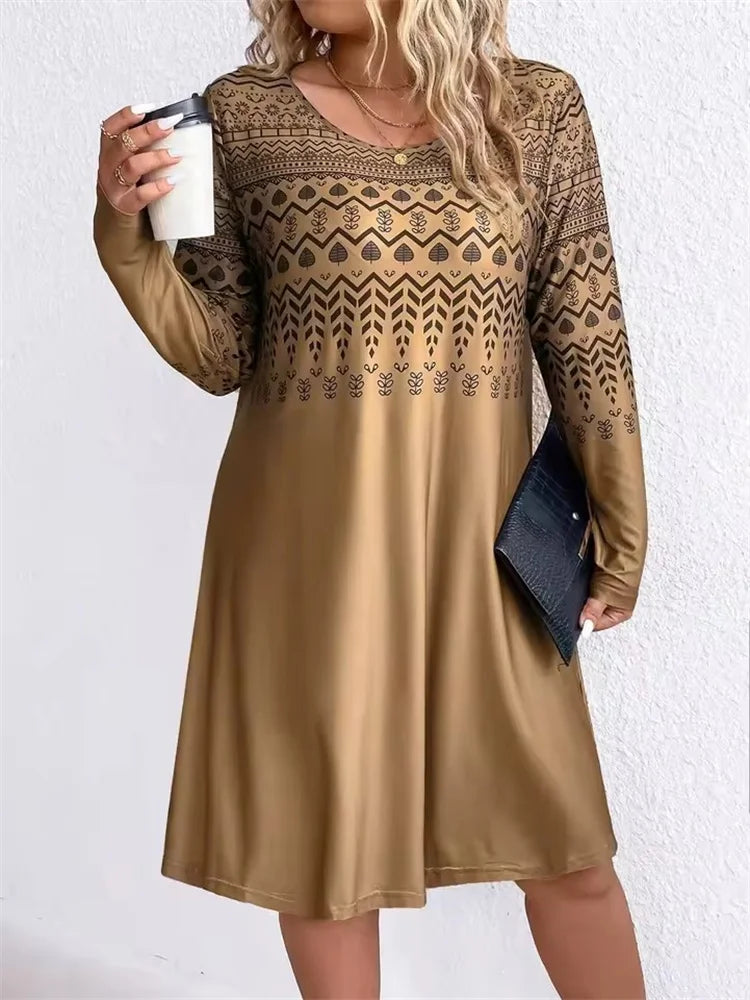 Tribal Ethnic Style Pattern Print Dresses For Women 2025 Autumn Winter Dress Fashion Long Sleeve Loose Dresses Female Clothing