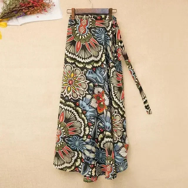 2025 New Women's One-Piece Floral Print Skirt High Waist Wrap Chiffon Beach Dress with Tie Waist Summer Vacation Boho Style