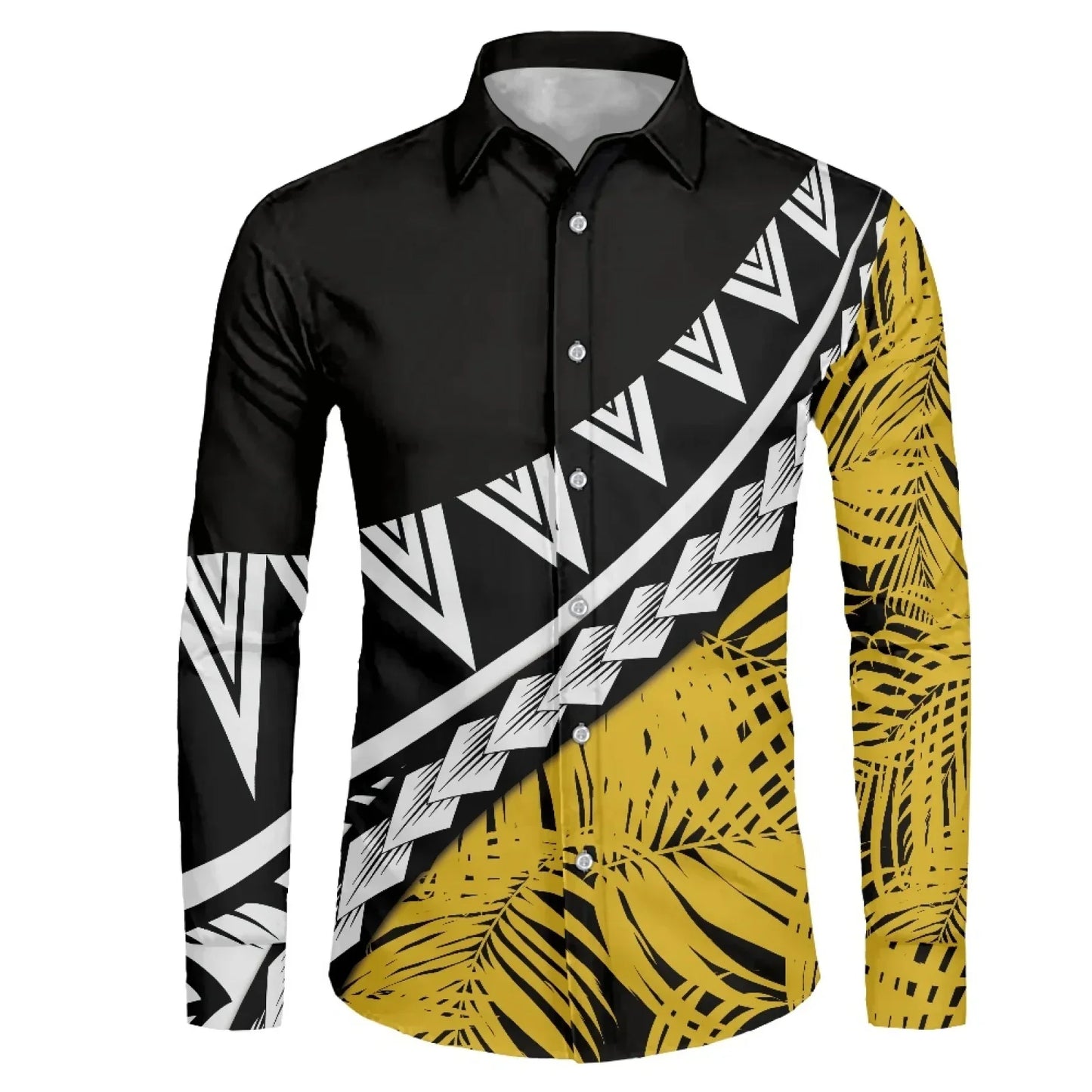 Polynesian Tribal Fijian Totem Tattoo Fiji Prints Men Party Shirt Long-Sleeved Button (USA SIZE XS S M L XL 2XL 3XL 4XL 5XL 6XL)